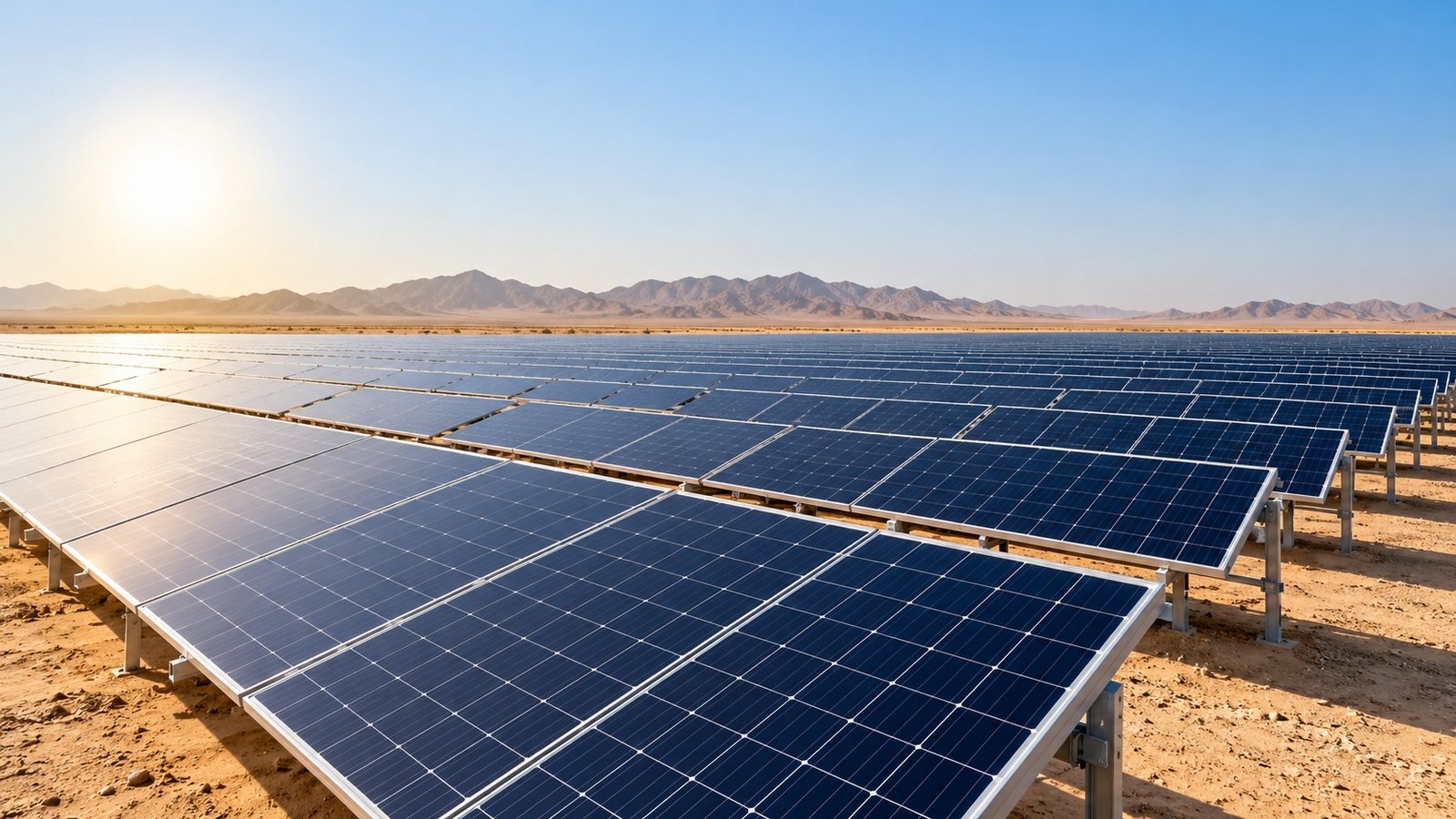 Rows of solar panels under a clear morning sky